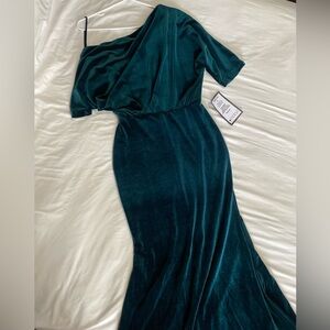 Betsy & Adam Green Velvet One Shoulder Gown